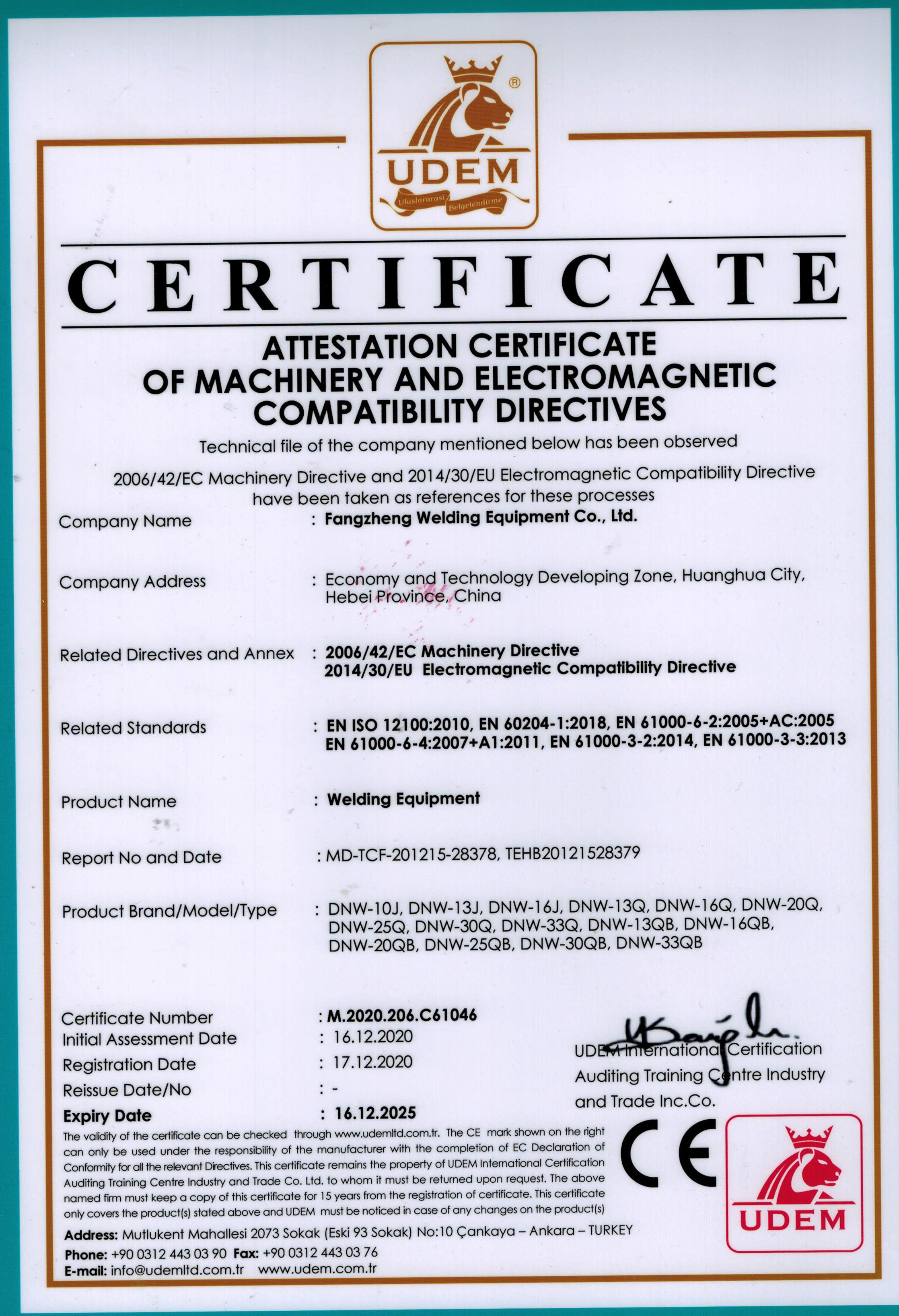 Çin Huanghua Fangzheng Welding Equipment CO., Ltd Sertifikalar